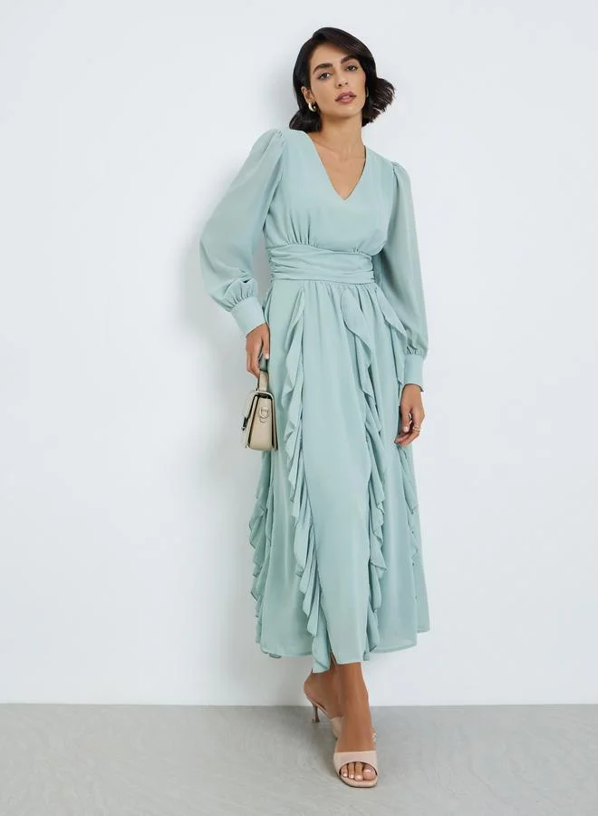 Styli  Women Green Ruffle Detail A-Line Midi Dress for Women | Best Price UAE
